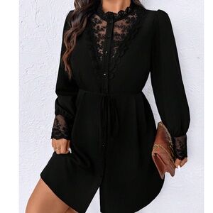 Plus Black Bottom Down Floral Semi Sheer Lace Long sleeve Dress